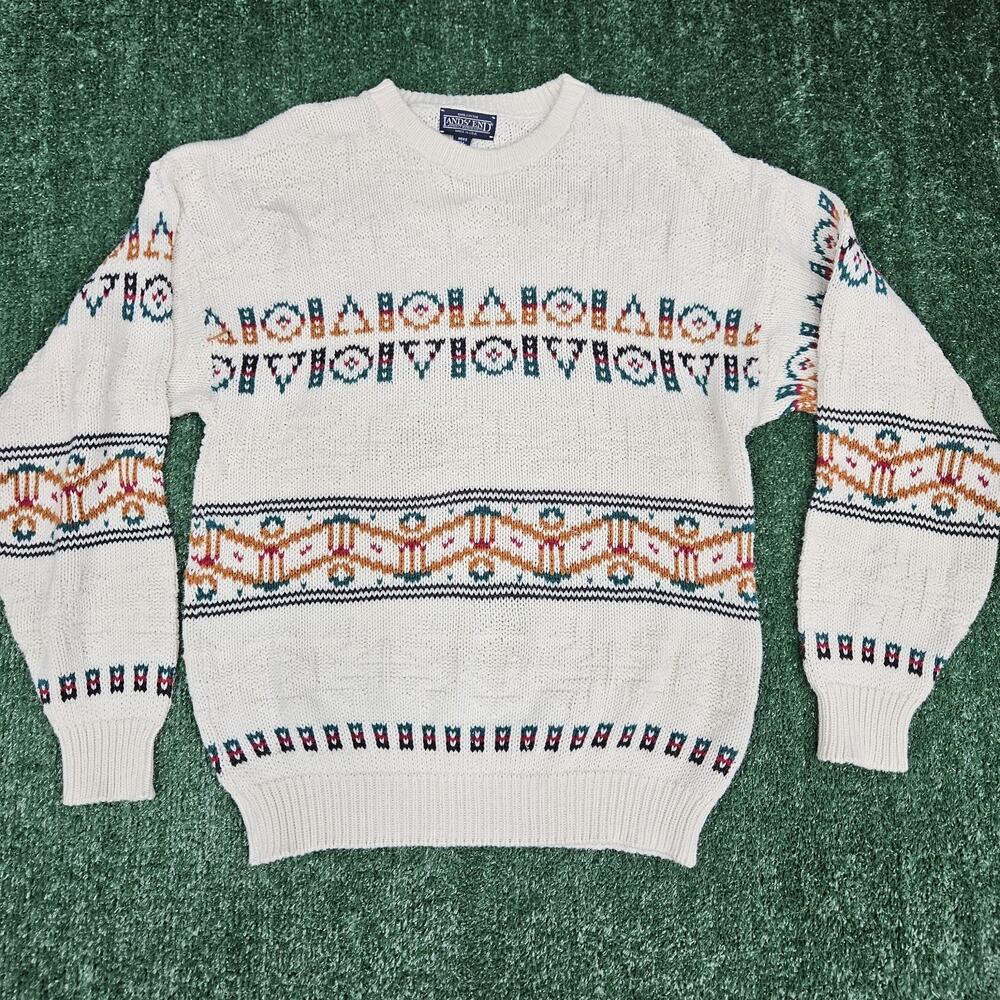 Vintage Lands End Sweater, Mens Size Medium Geometric Pattern Made In The USA